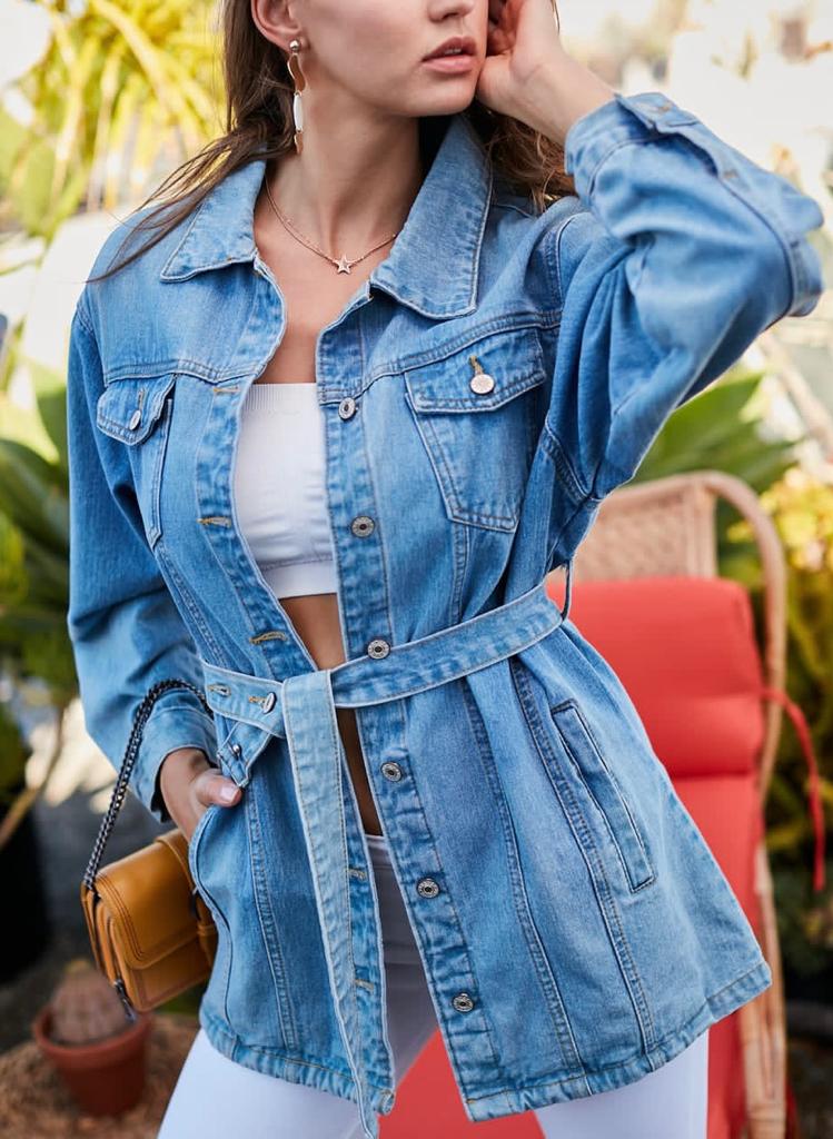 Long belted denim on sale jacket