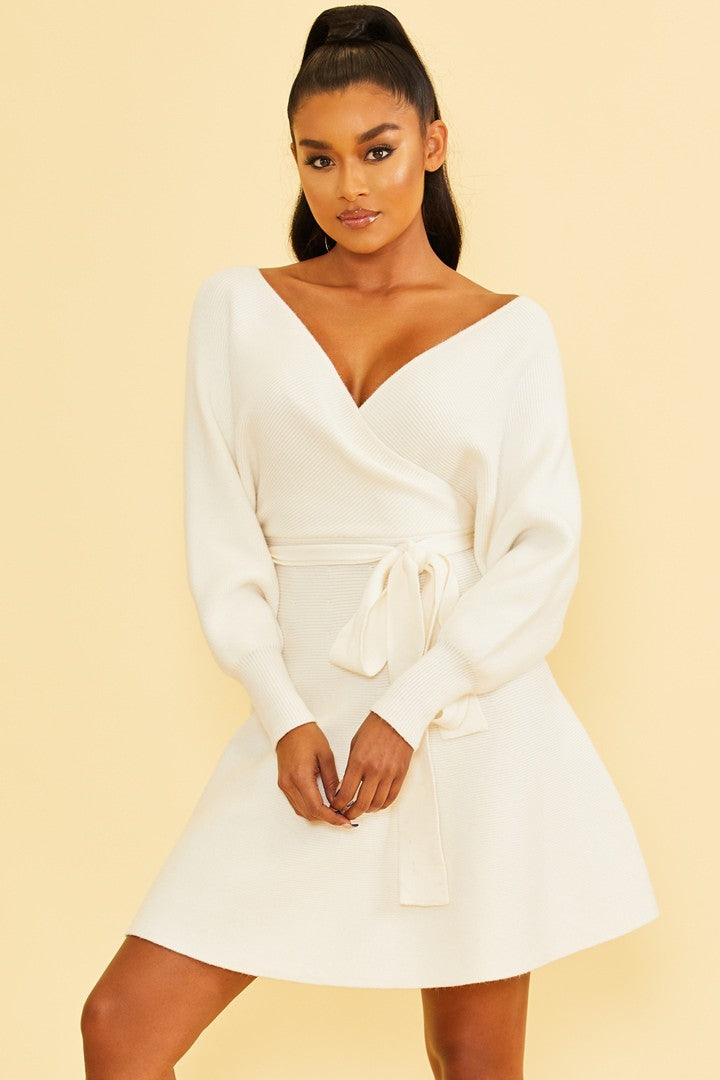 White wrap cheap sweater dress